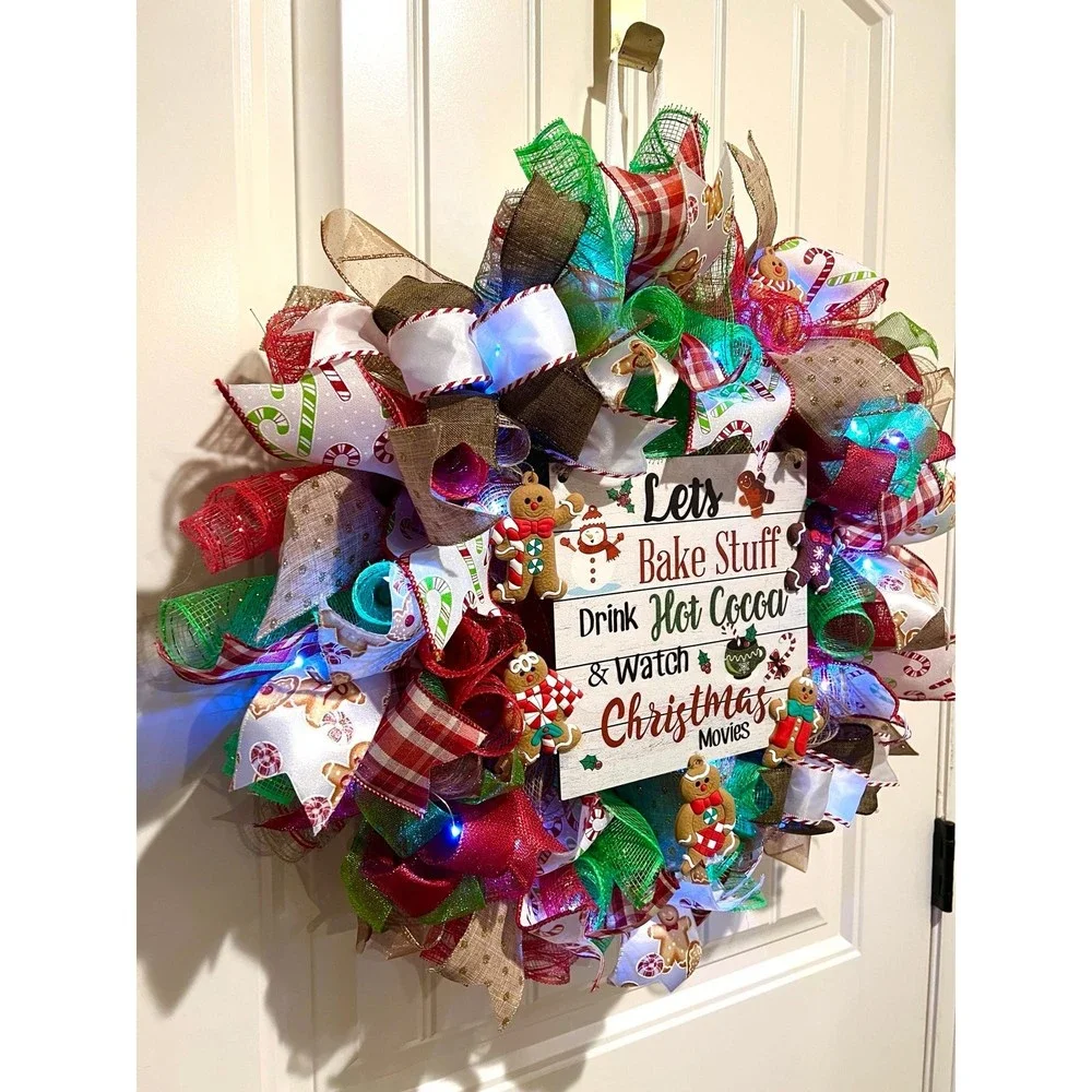 Christmas Gingerbread Man Holiday Ribbon Door Wreath Handmade 22 ins LED W5